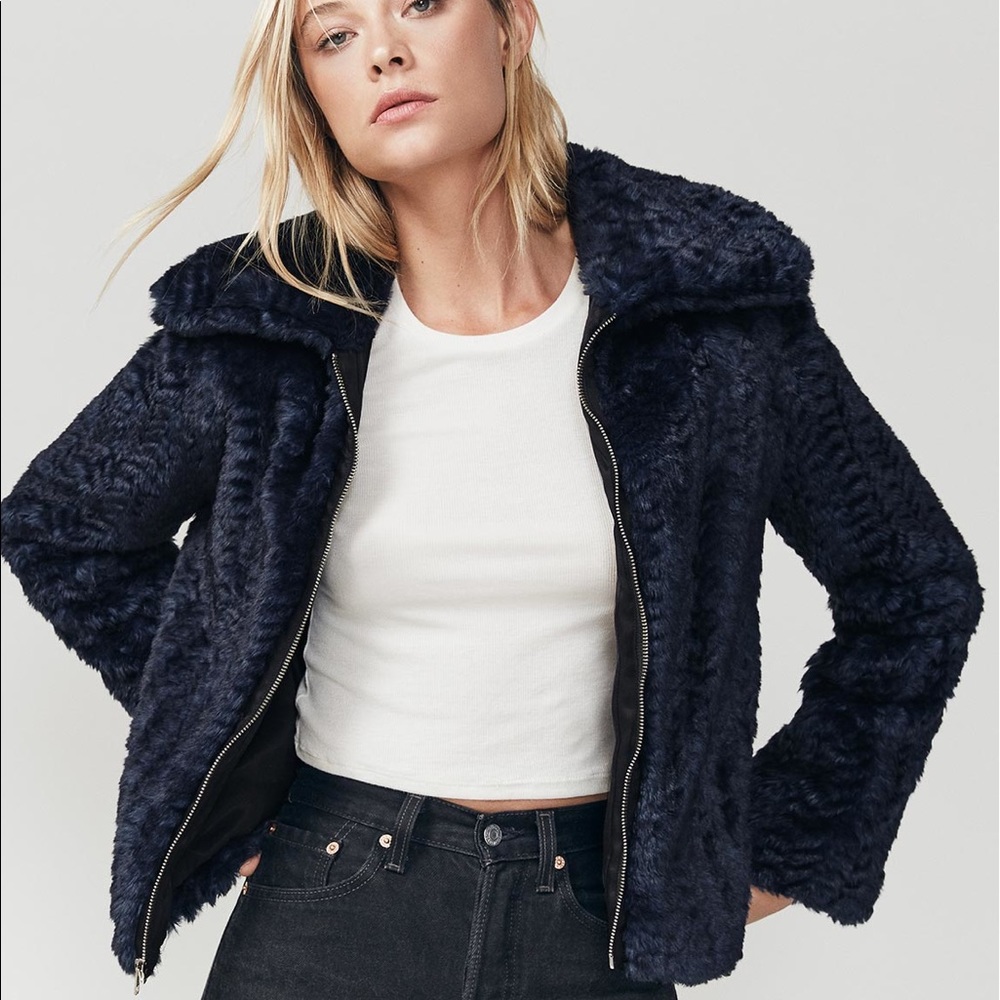 REFORMATION Piano Coat Vegan Faux Fur Navy Blue XS